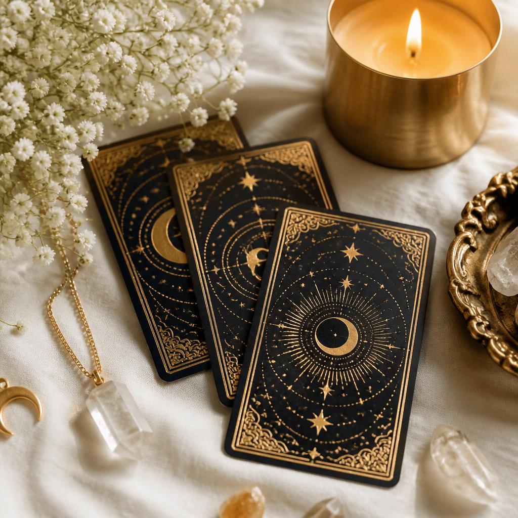 Cartas de tarô douradas dispostas sobre tecido de linho claro com velas e flores